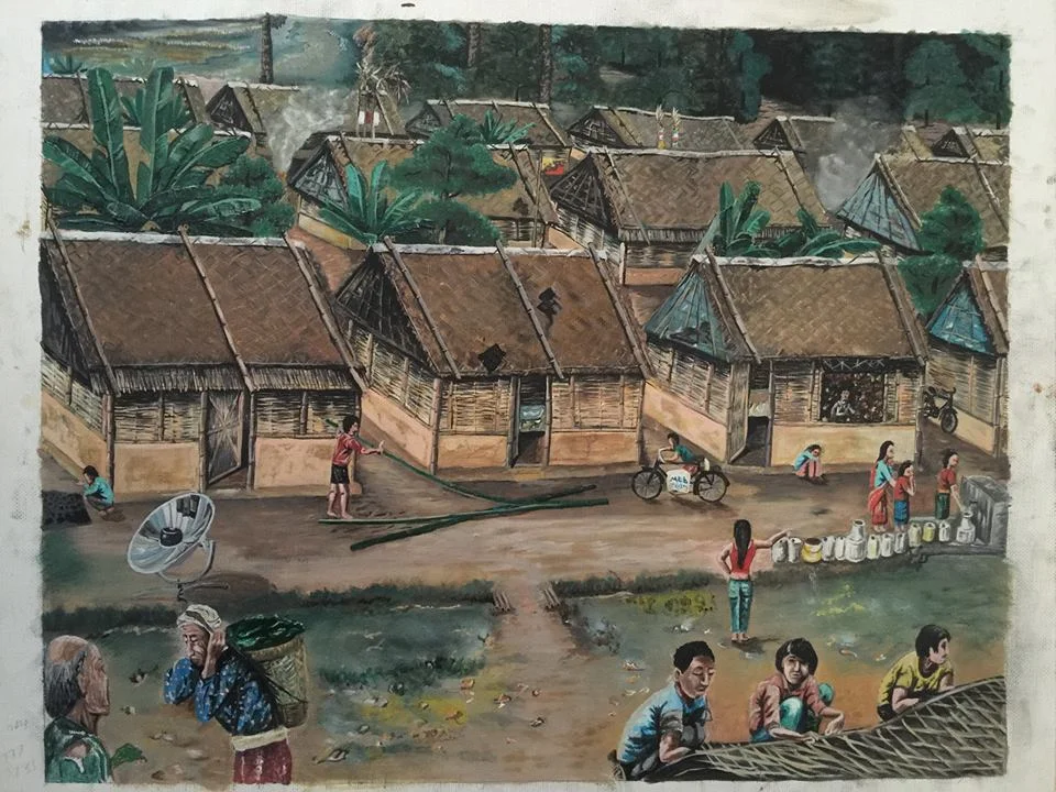 Ram Rai’s acrylic painting depicting life in the refugee camp.