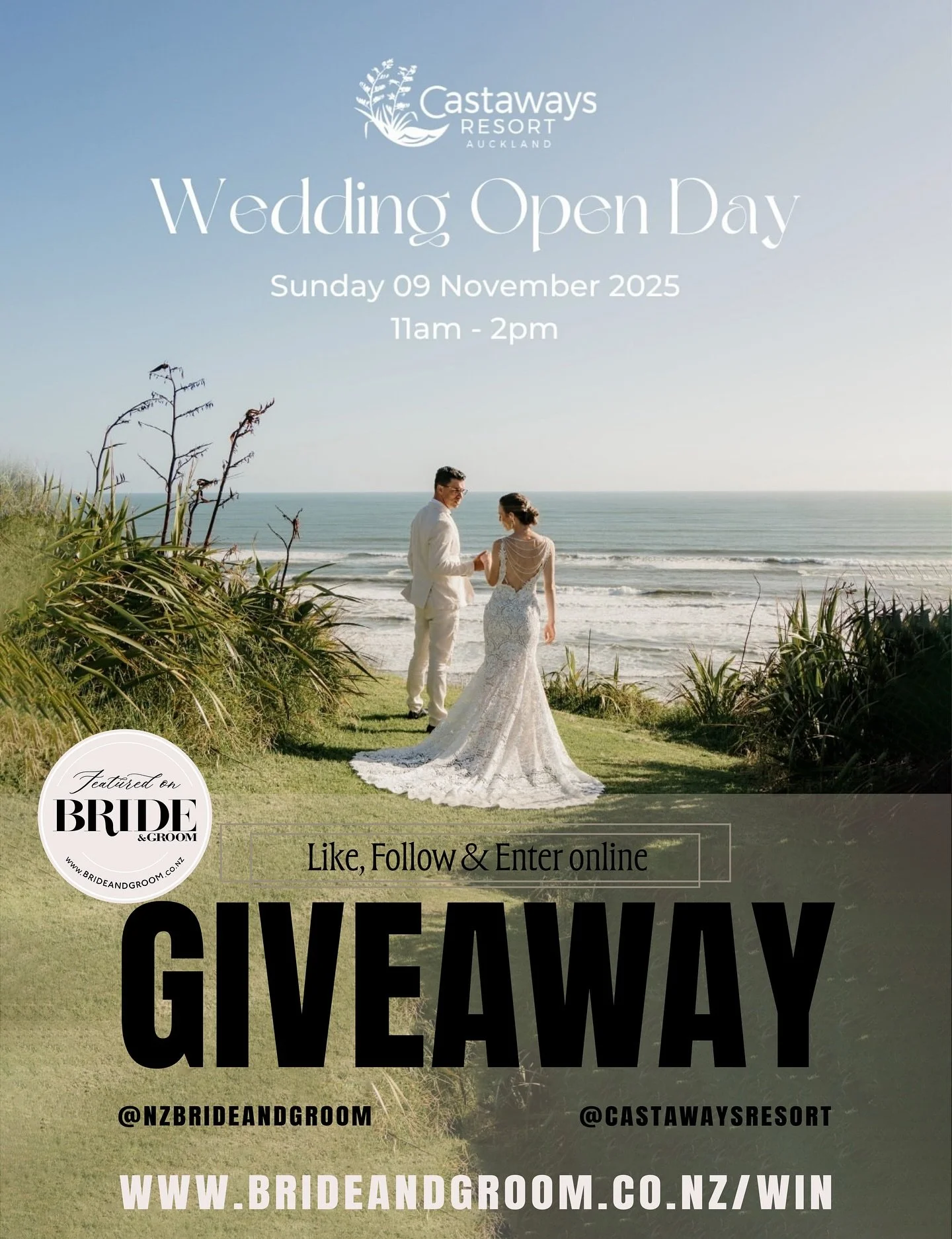 WIN 🩵 NEW GIVEAWAY // Enter Now! To win one of five double passes to @castawaysresort Wedding Open Day! 💍 Dreaming of an oceanfront &ldquo;I do&rdquo;? 🌊 Experience the magic of @castawaysresort &mdash; Auckland&rsquo;s stunning clifftop venue ove
