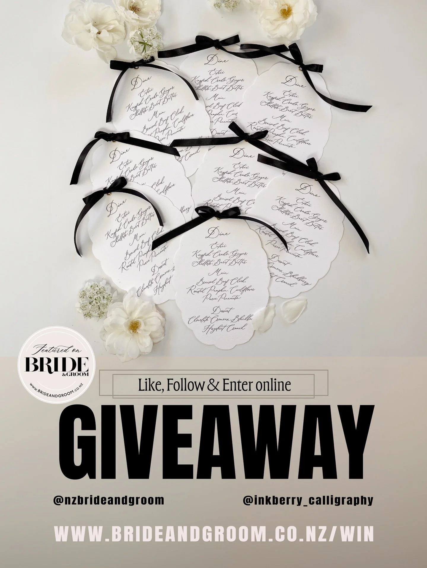 WIN 🤍 GIVEAWAY ALERT // Bring timeless luxury and charm to your reception tables with bespoke stationery. We&rsquo;ve partnered with the talented @inkberry_calligraphy to give one couple Bespoke Scalloped Menus and Scalloped Place Cards 🕊✒️ Choose 