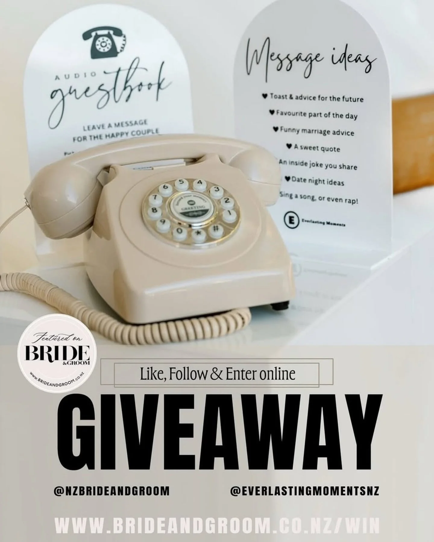 WIN 🤍📞 GIVEAWAY ALERT // @everlastingmomentsnz is giving one lucky couple the chance to capture heartfelt messages from their guests with a complimentary hire of their popular audio guestbook!&nbsp;Guests just pick up the phone, leave a message, an