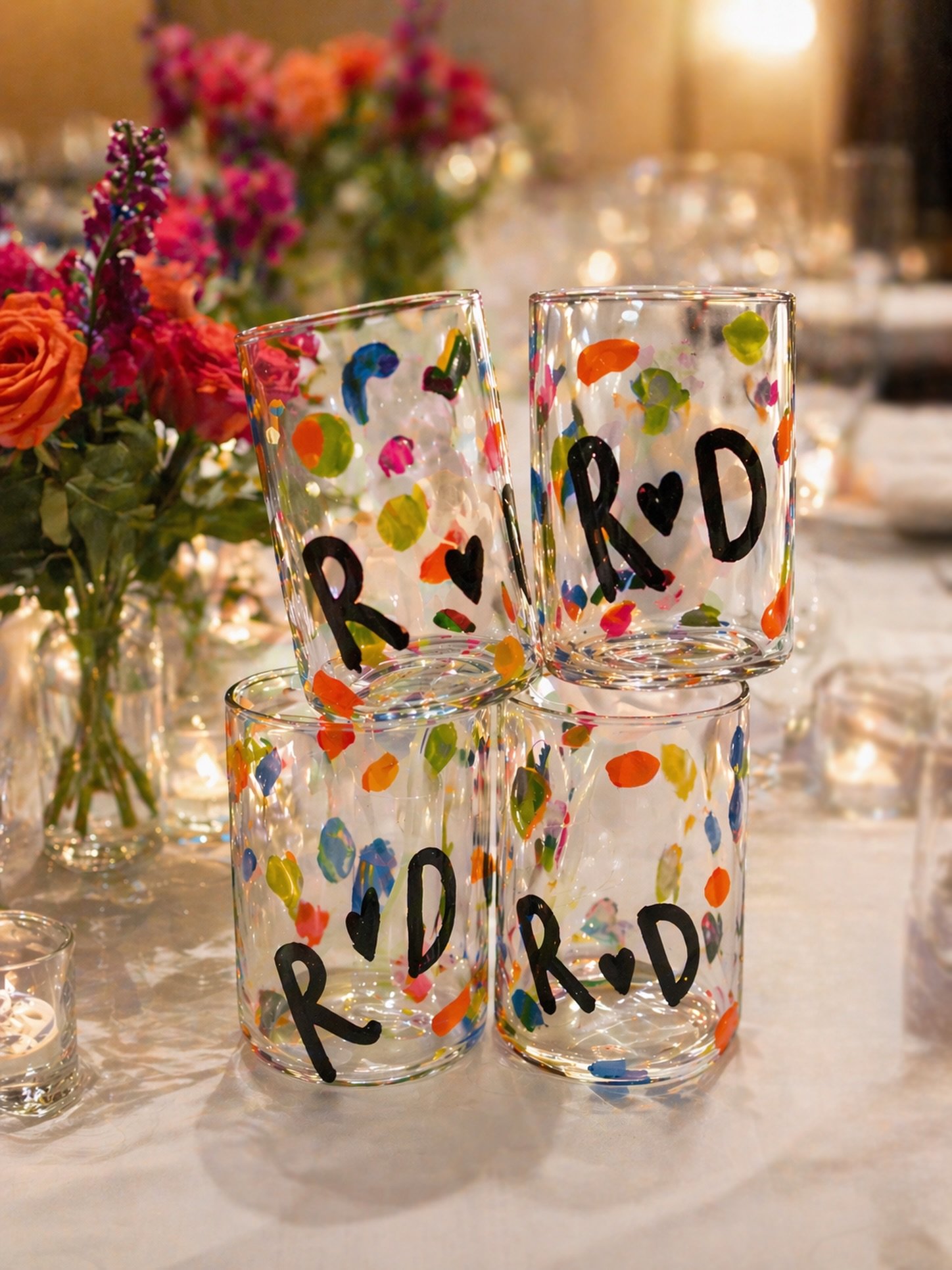 REAL LOVE ✨ WEDDING FEATURE // &lsquo;We gifted our wedding party bespoke hand-blown tumblers by Kate Mitchell, designed in our wedding colours and personalised with our initials &mdash; we loved them so much, we ordered extra glasses and a carafe as
