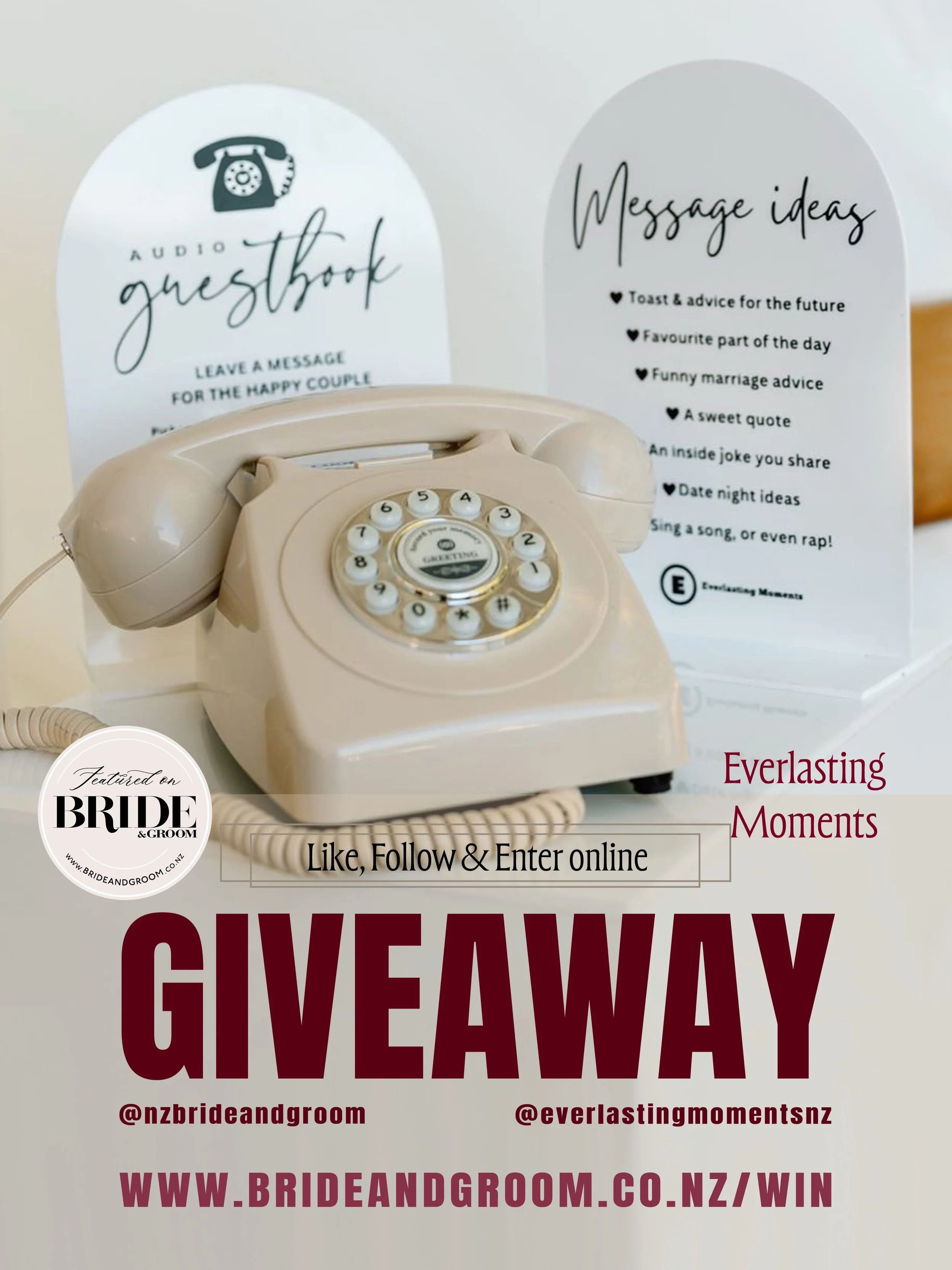 WIN // NEW GIVEAWAY ✨ Imagine hearing your guests&rsquo; voices, laughter and wedding-day messages again years from now. 💕 Thanks to @everlastingmomentsnz one lucky couple will win hire of an Audio Guestbook 📞 &mdash; a gorgeous way to capture the 