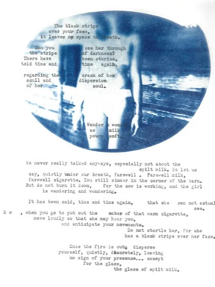 “Black Stripe,” Chloé Besson, Cyanotype print, typewriter text, 9-1/2”h x 8”w, $120 ($60 from the sale of this work goes to Lighthouse; the remainder goes to the artist)