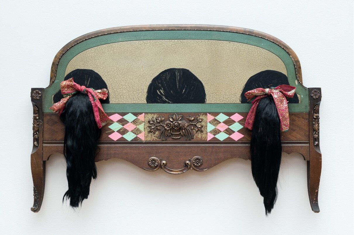 Forward thinking in an age of sadness , Suchitra Mattai , headboard, faux hair, sari, gouache, acrylic, 18”h x 30”w, courtesy of K Contemporary