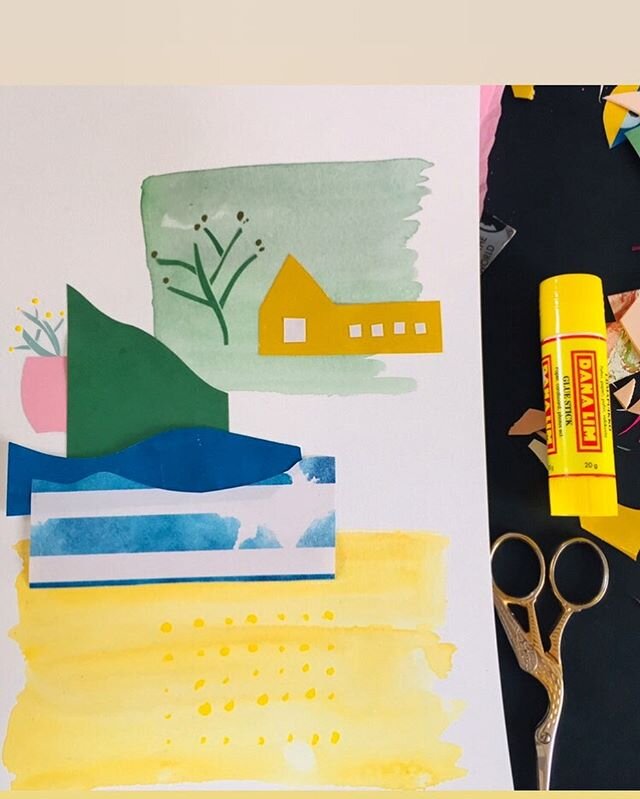 #collage #artwork #print #original #A4 #paperart #graphicdesign #paperlove #klippeklistre #arbejdsbord #workinprogress #landscape #pastel #akvarel