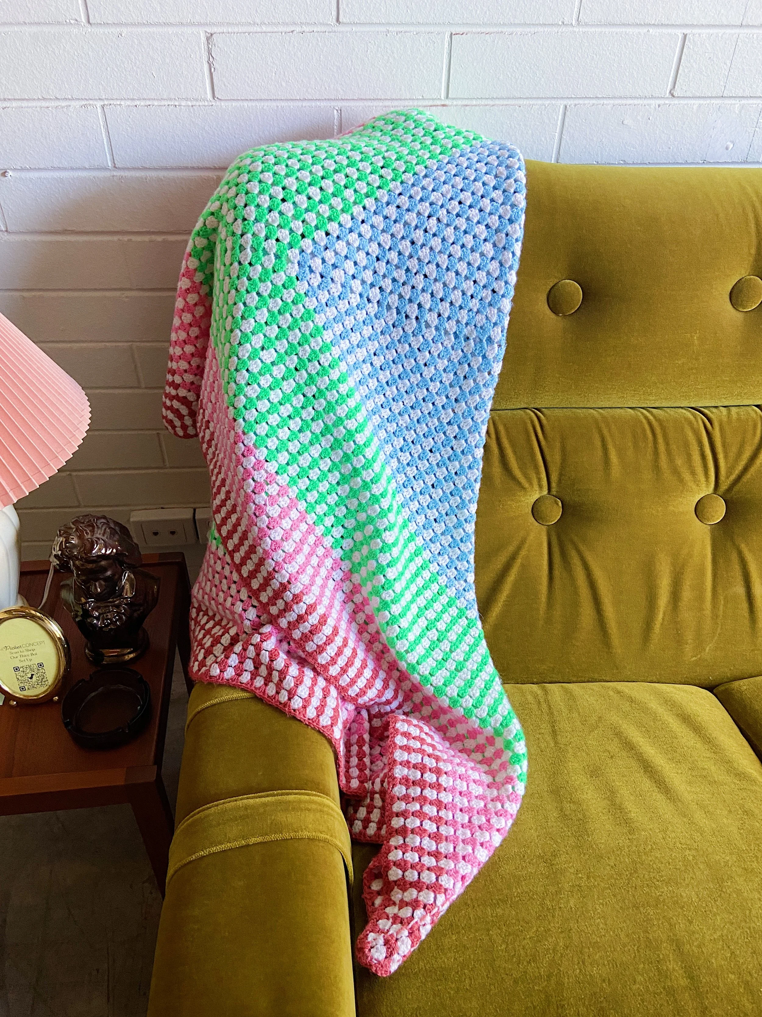 Square Crochet Pink, Red, Green & Blue Blanket