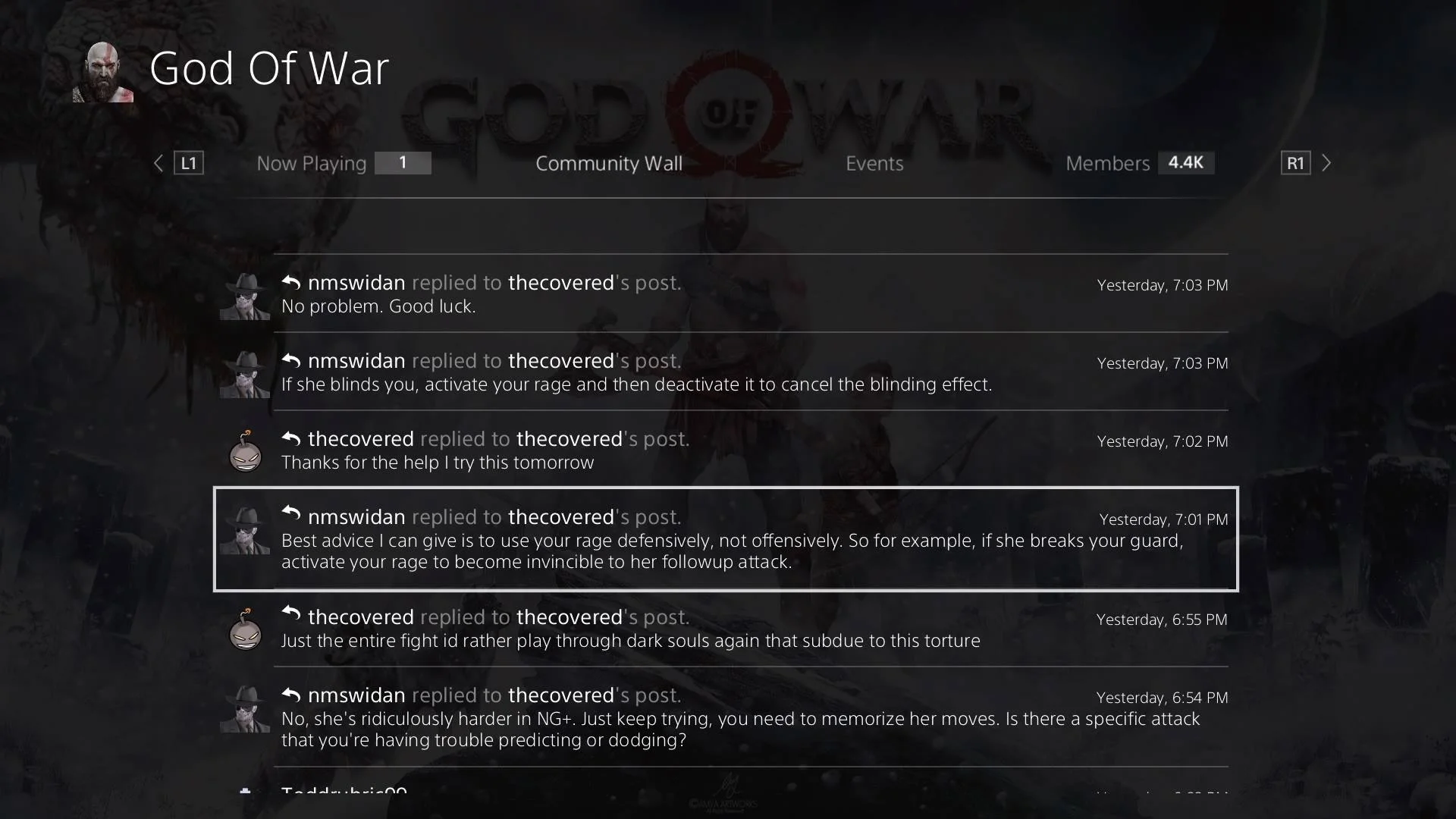 Players share advice in a God of War Community message board on Sony's PSN Network