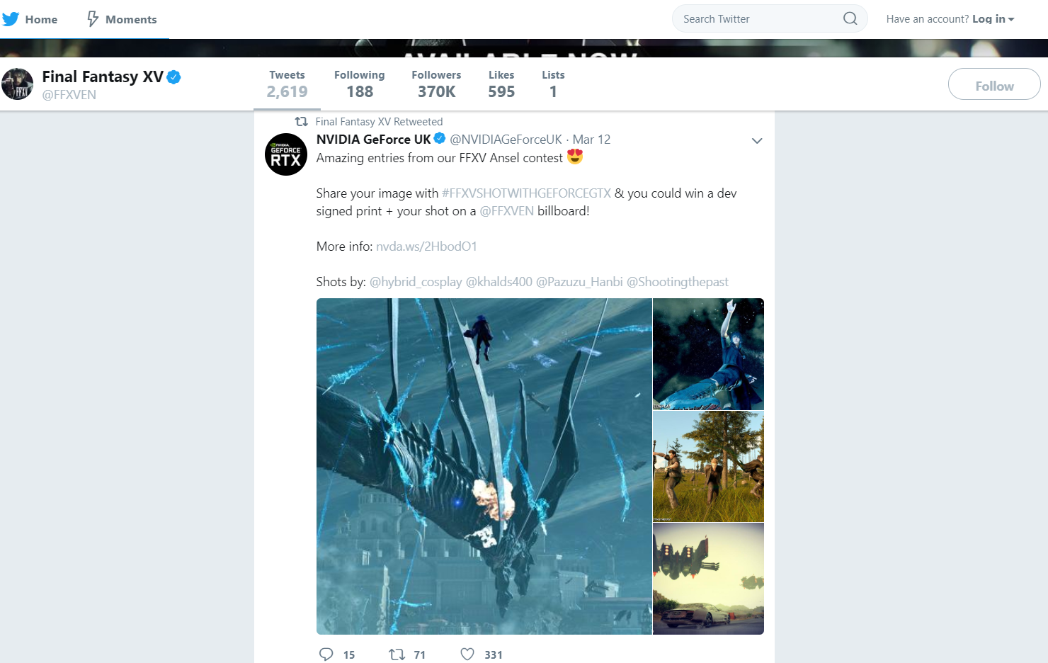 An official tweet regarding the FFXV Snapshot Contest