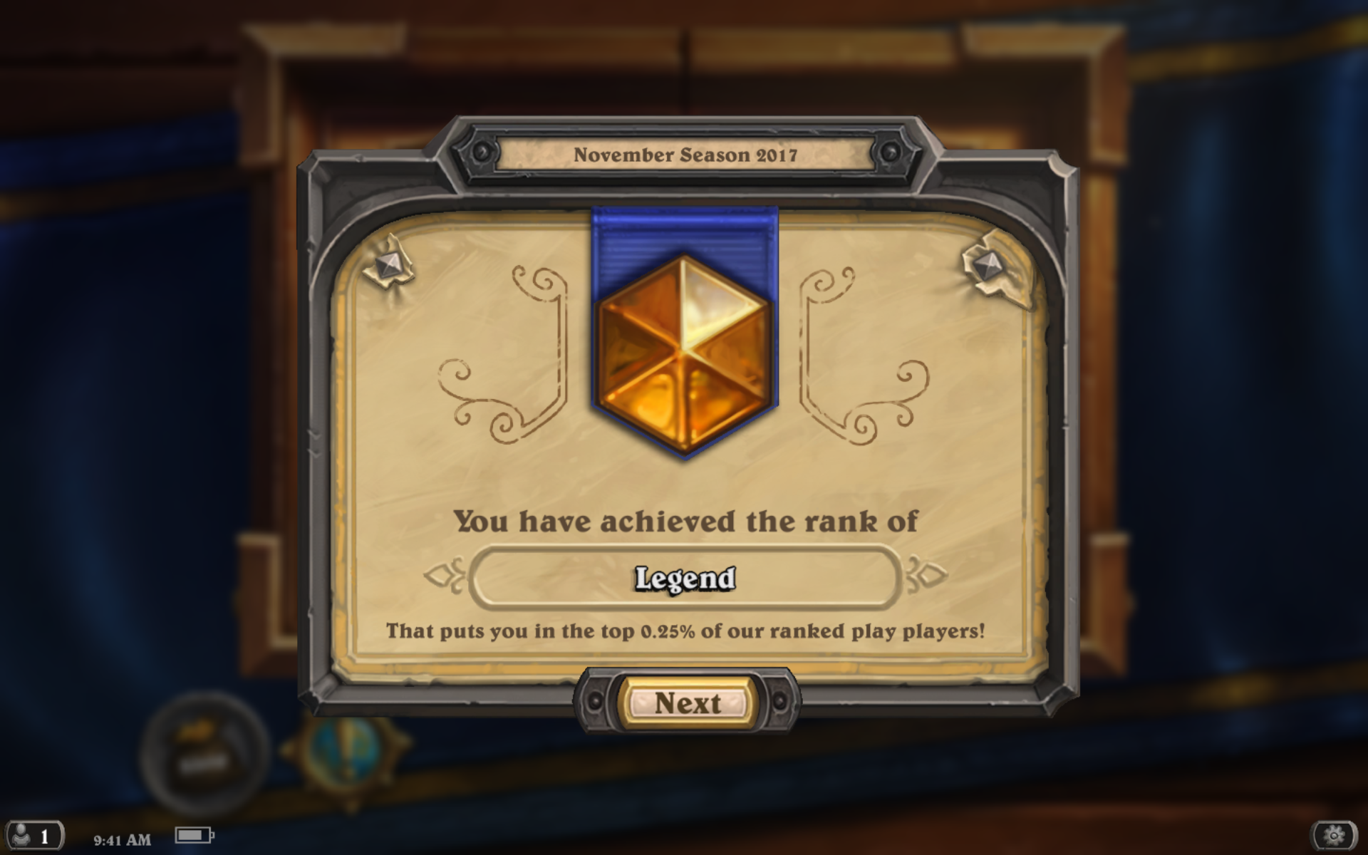 Hearthstone players are ranked every season (month). What it must feel like to be ranked in the top 0.25% of players in a season