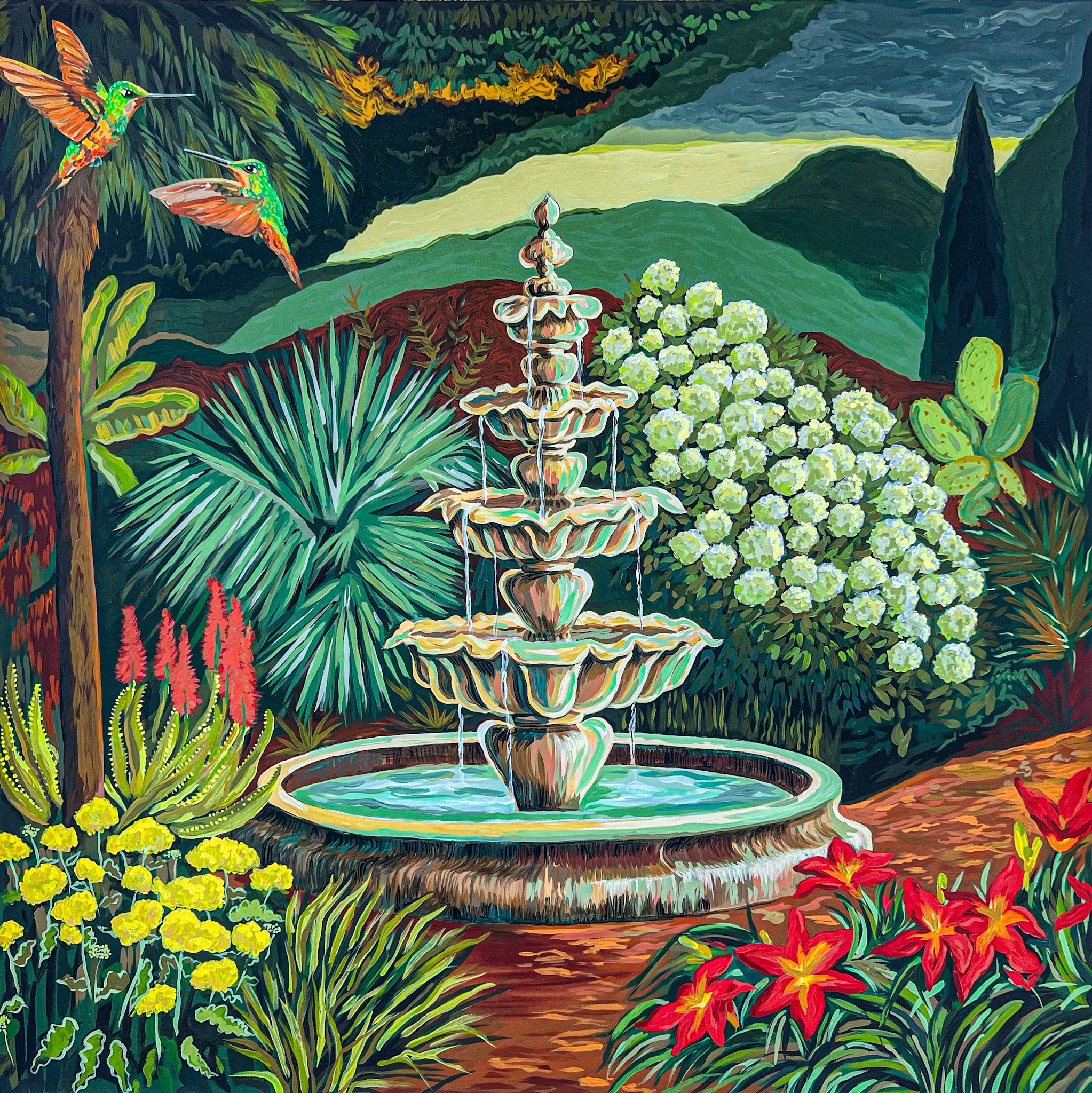 Hummingbirds and Fountain
