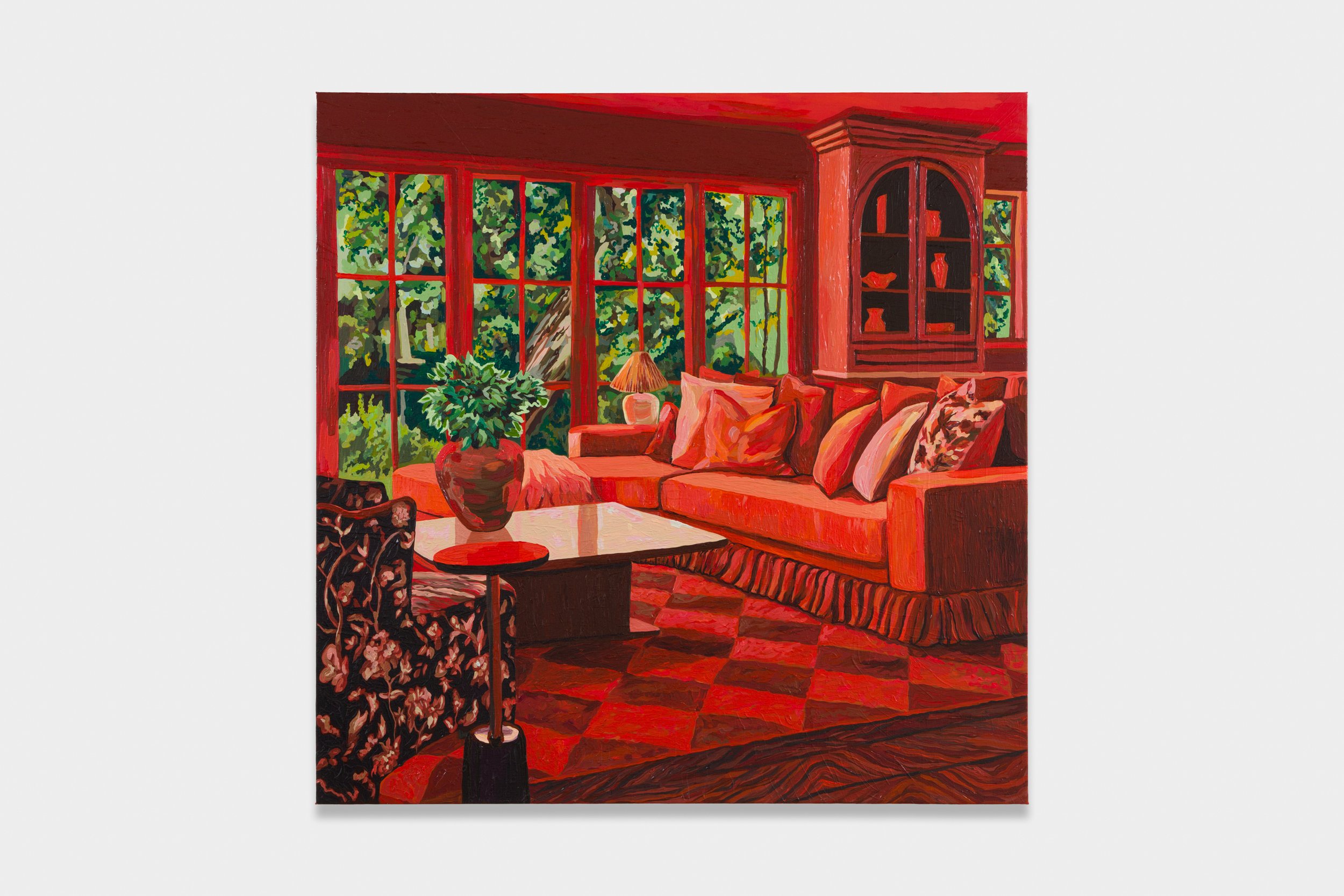  Red Living Room with Plants, 2025