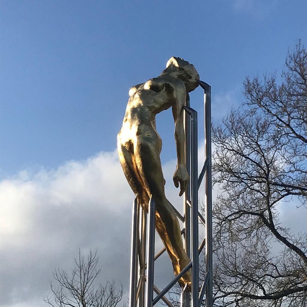 &ldquo;Ascent&ldquo; 3 m tall.  24 karat gold leaf and stainless steel. 
Showing along side 5 of my other works at Art and Soul exhibition, Artful Gallery Haslemere where there are 100 artworks set in stunning gardens which are open to the public for