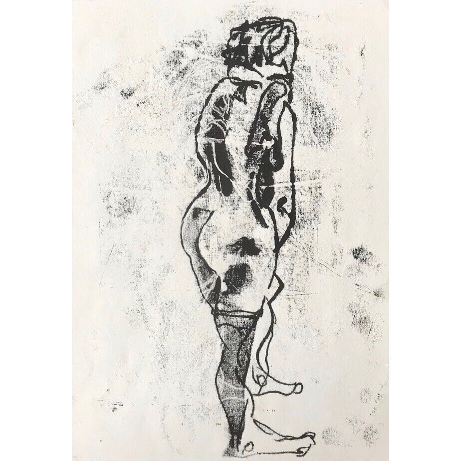 Number 10 - Final original sketch for #artistsupportpledge! Girl in stockings and scarf. 
Quick monoprint original sketch
21cm x 30cm
Unmounted
&pound;100 (+p&amp;p)
DM direct if you&rsquo;d like it!

#artistsupportpledge #originalart #originalartwor