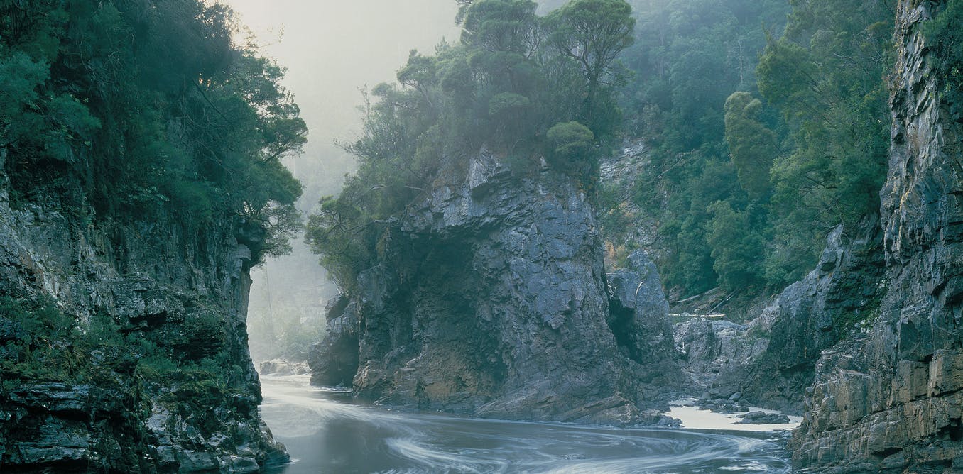 Morning Mist Rock Island Bend, Franklin River, Southwest Tasmania. Peter Dombrovskis/ (courtesy Liz Dombrovskis) AAP