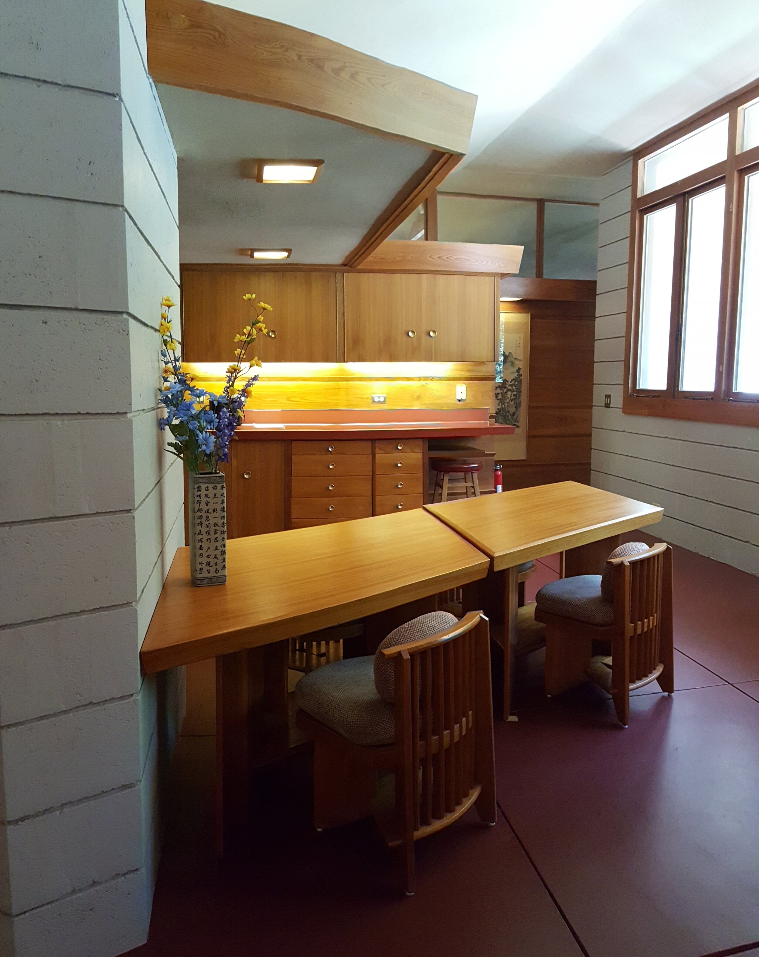 Interior of a Frank Lloyd Wright house. Relocated to Polymath Park. Opening week. Acme Pennsylvania 