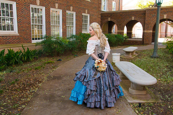 Cinderella-Inspired Cream and Blue English Renaissance Ballgown  Silver  Leaf Costumes | Handmade Designer Costumes