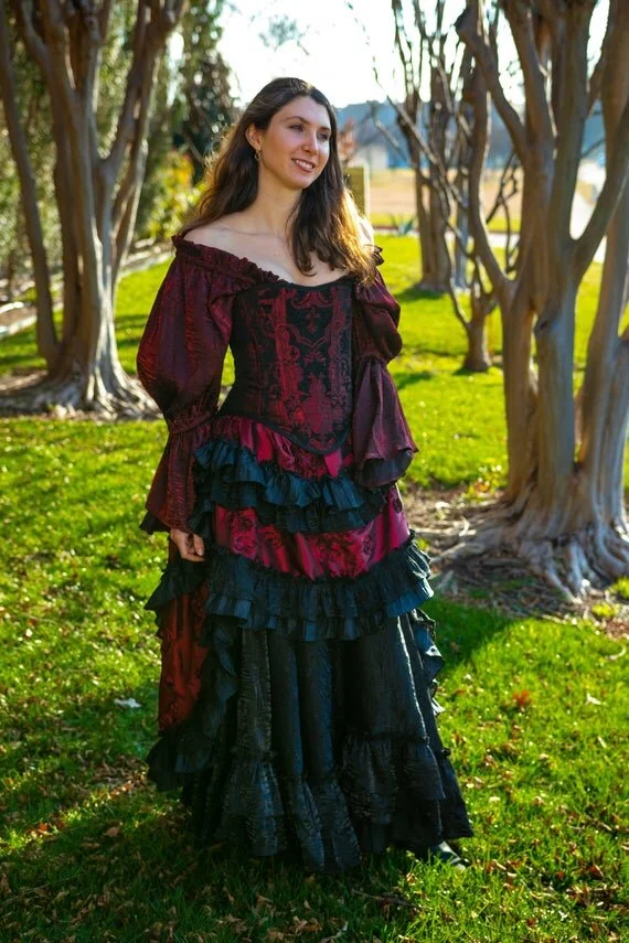 WBurgundy with Black Ruffles Wild West Skirt — Silver Leaf Costumes  Handmade Designer Costumes