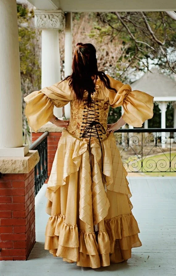 Belle-Inspired Gold Dress Steampunk Costume Silver Leaf Costumes | Handmade Designer Costumes Belle-Inspired Gold Dress Steampunk Costume Silver Leaf Costumes | Handmade Designer Costumes