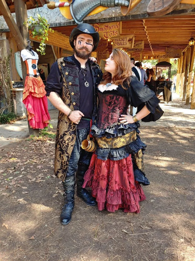 Gold and Red Couple's Pirate Costume Silver Leaf Costumes | Handmade Designer Costumes Gold and Red Couple's Pirate Costume Silver Leaf Costumes | Handmade Designer Costumes
