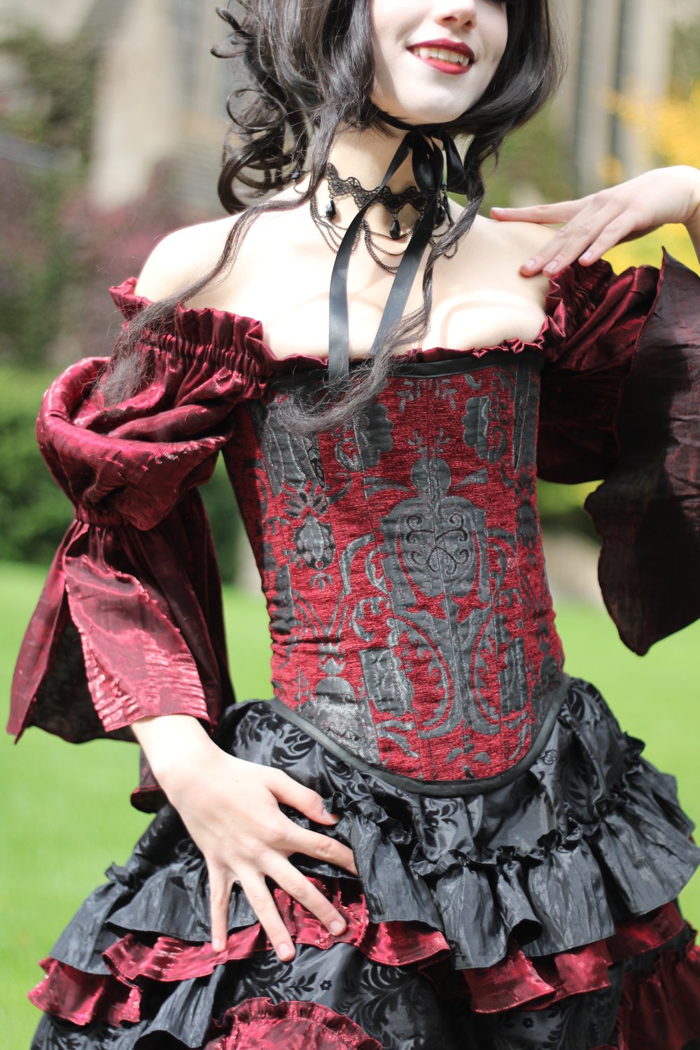 Steampunk Brown Corset w/ BROWN/BLACK DAMASK Bustle Skirt Victorian Cosplay  Costume Dress Goth