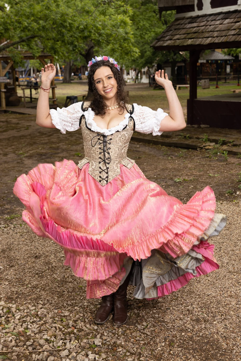 Cream Pirate Corset with Flamingo Pink and Champagne Skirts Outfit  Silver  Leaf Costumes | Handmade Designer Costumes