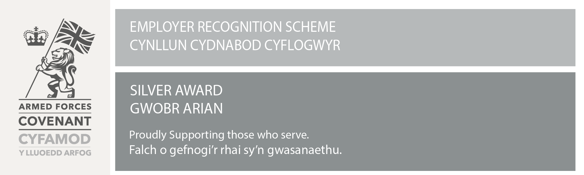 A government recognition certificate from the Armed Forces Covenant in Welsh. It features a lion holding a Union Jack flag and a crown. The certificate grants a silver award to Gentium International, supporting service members in Welsh.