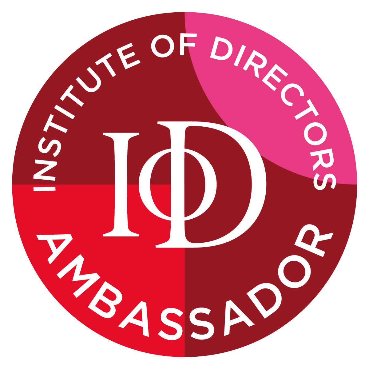 Logo for Institute of Directors Ambassadors, features a circular design with the letters I, O and D in the centre, surrounded by the text 'Institute of Directors' above and 'Ambassador' below in white.