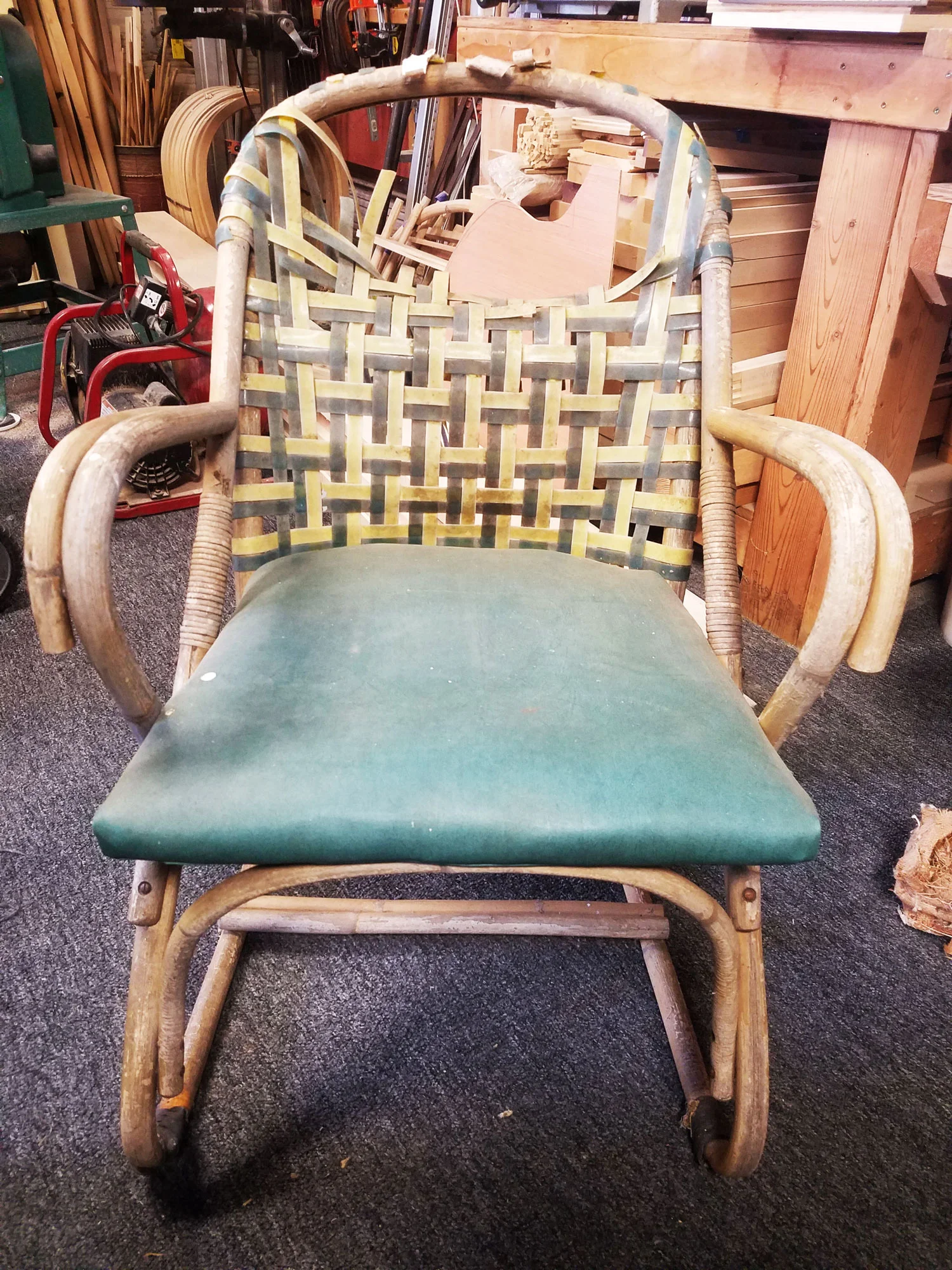 One chair of a set of four, these chairs required a lot of cleanup and preparation before being reupholstered.