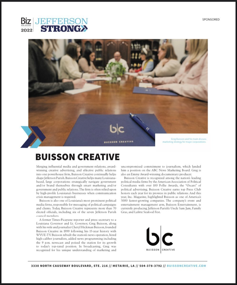 Get your issue of this month&rsquo;s @bizneworleans magazine, featuring Jefferson Parish businesses! Flip to page 50 to see Buisson Creative&rsquo;s excerpt in person! 
.
.
#jeffersonstrong #jeffersonparish #business #advertising #marketing #pr #cons