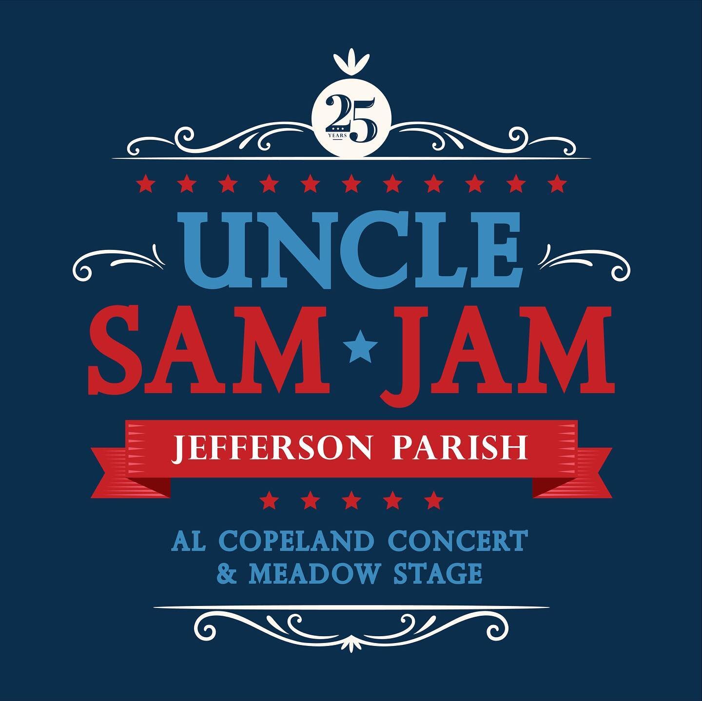 Hold onnnn for one more daaay! 🎶 See you tomorrow in Lafreniere Park as we celebrate the 25th Uncle Sam Jam! 
.
👉🏼 Scroll for line-up &amp; showtimes! 
.
.
.
#happy4th #independence #holiday #livemusic #concert #logo #design #media #entertainment 