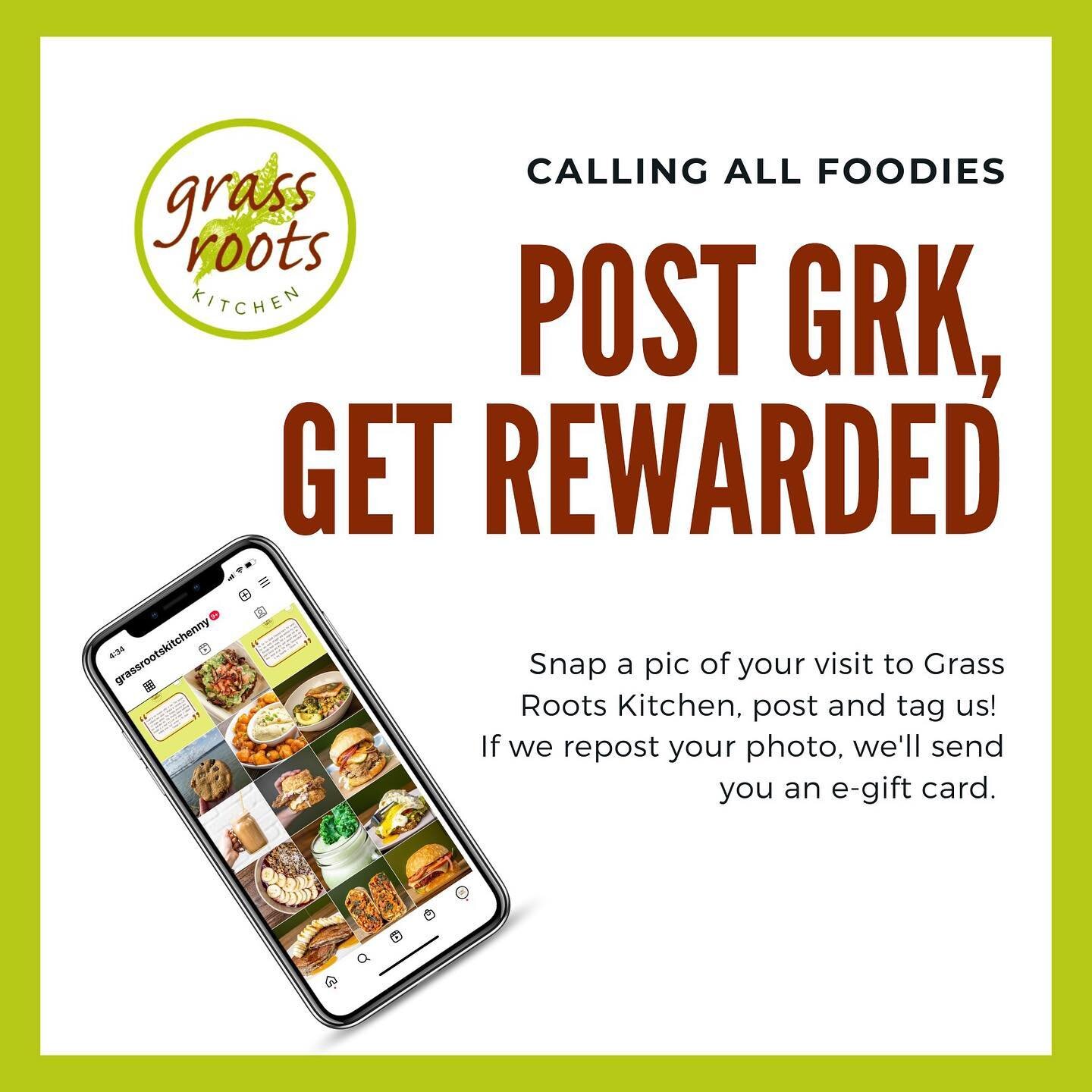 Calling all foodies &amp; photographers! We love seeing you enjoy Grass Roots Kitchen! Snap, share and get rewarded!&nbsp;&nbsp;If we repost your smoothie, sandwich, cookie or bowl, we&rsquo;ll by your next one.
🌱 🍔 🥗 🍎🍌🥤🥞 🌱 
Be sure to tag @