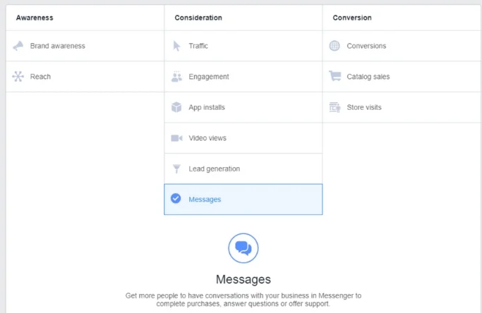Here’s where you’re telling Facebook how you want the algorithm to work, you choose your objective.
