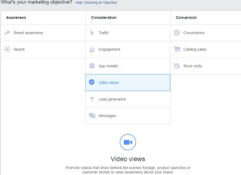 Here’s where you select ‘Video Views’ in Ads Manager