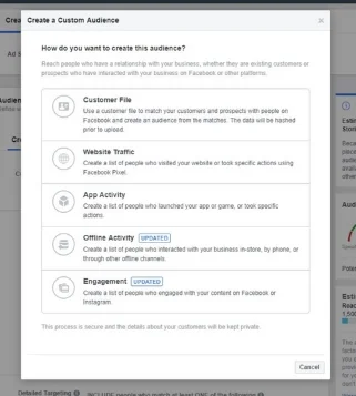 Options for data source when creating a custom audience