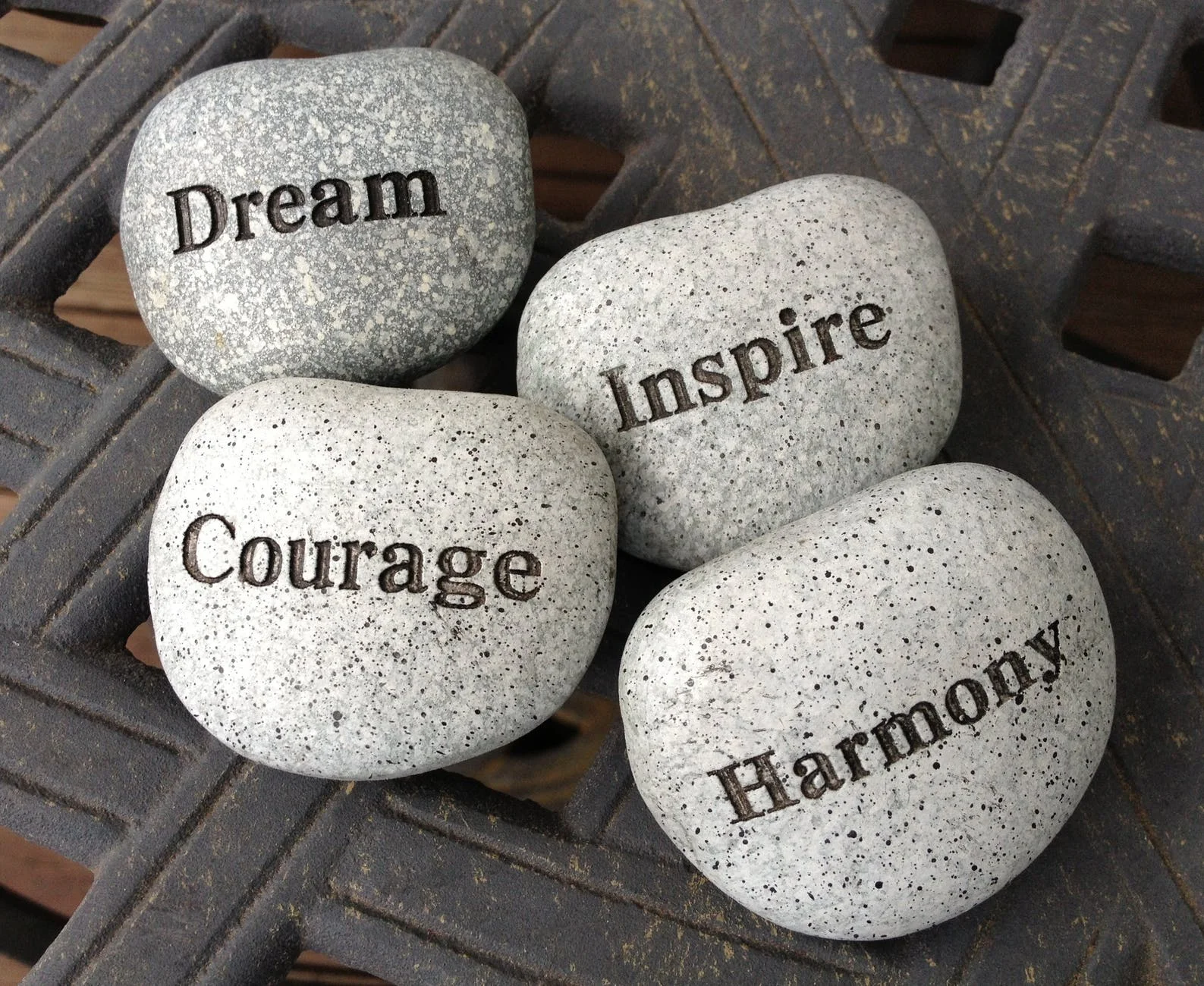 Words engraved on white speckled pebbles - what are your personal values that you live by