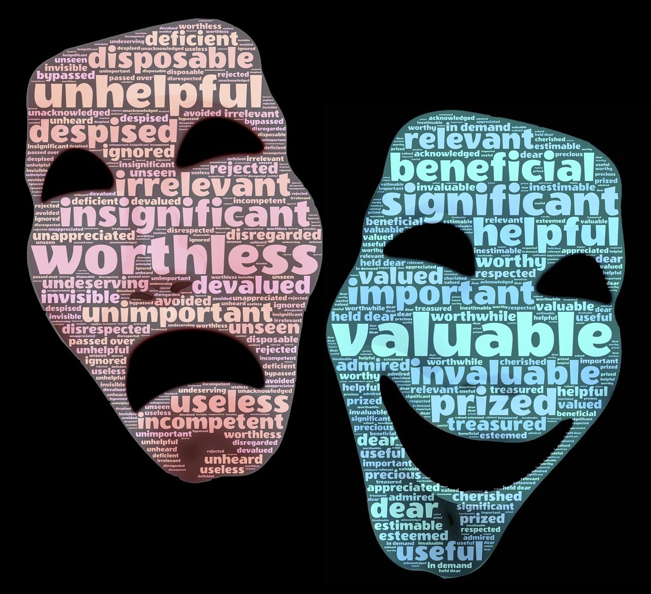 two theatre style masks with beliefs written on them - life coaching for self development - neuro linguistic programming