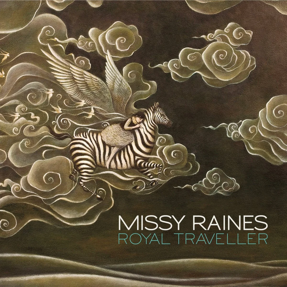 Illustration of a girl riding a zebra, flying through clouds with a bird flying nearby, with the text 'Missy Raines Royal Traveller' at the bottom.
