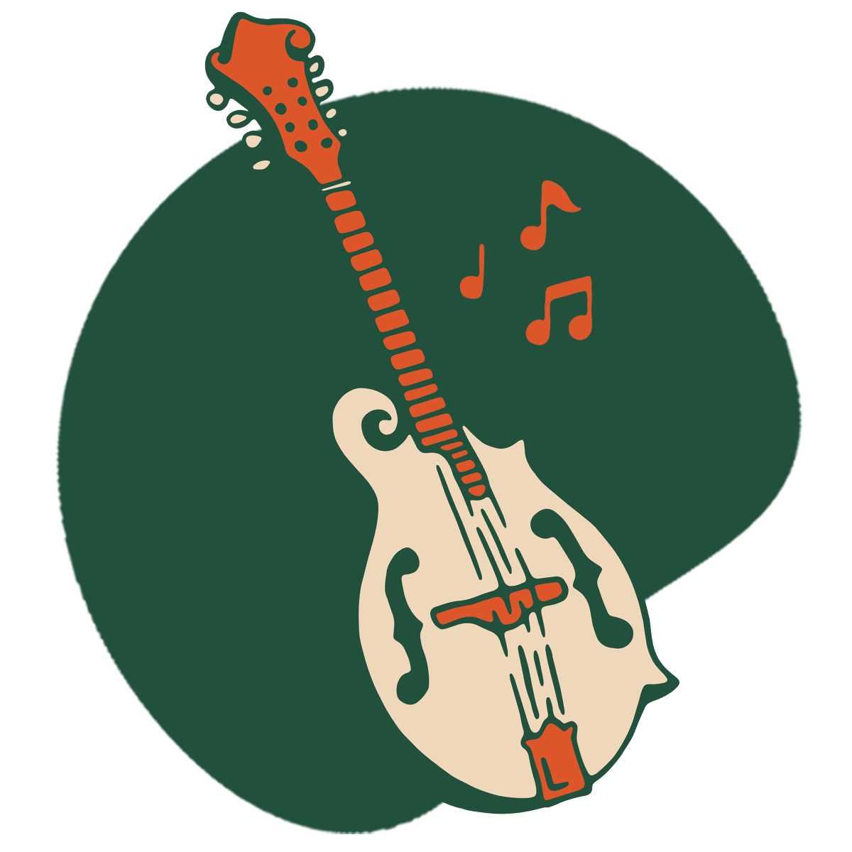 Illustration of a mandolin with musical notes emanating from it.