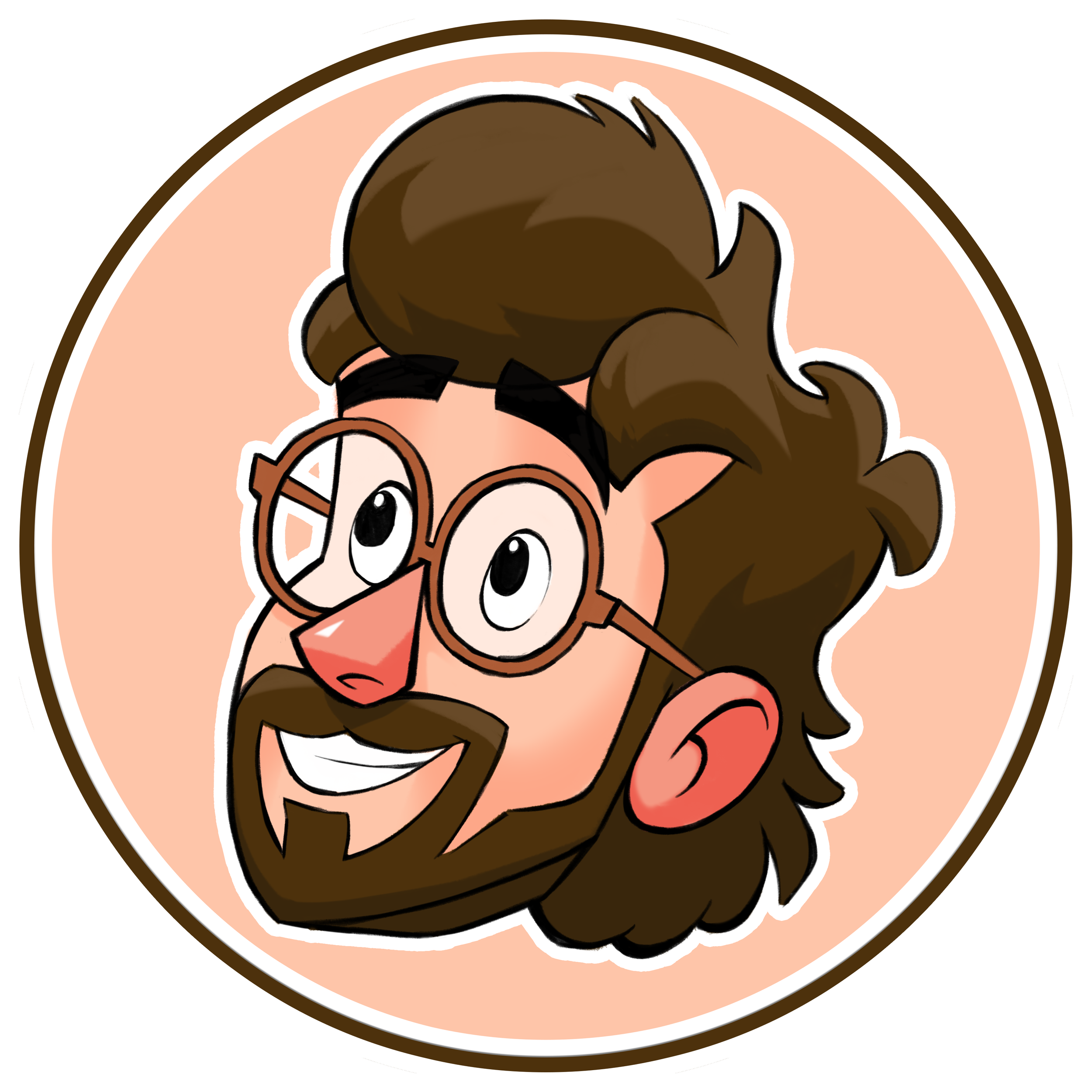Cartoon illustration of a person with brown hair, glasses, and a pink shirt, viewed from above.