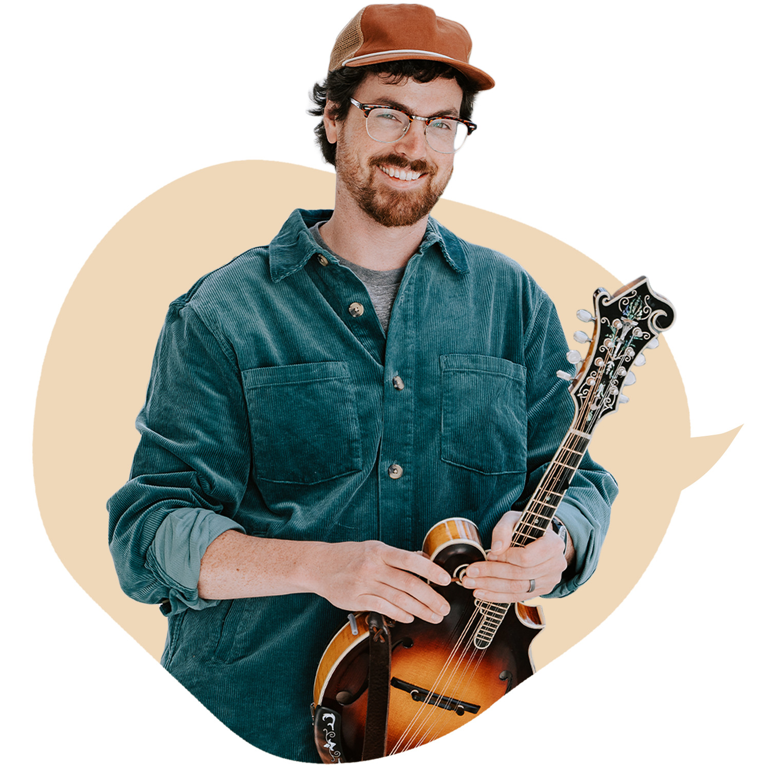 A smiling man with glasses, a beard, and a brown cap holding a mandolin standing against a colorful abstract background.