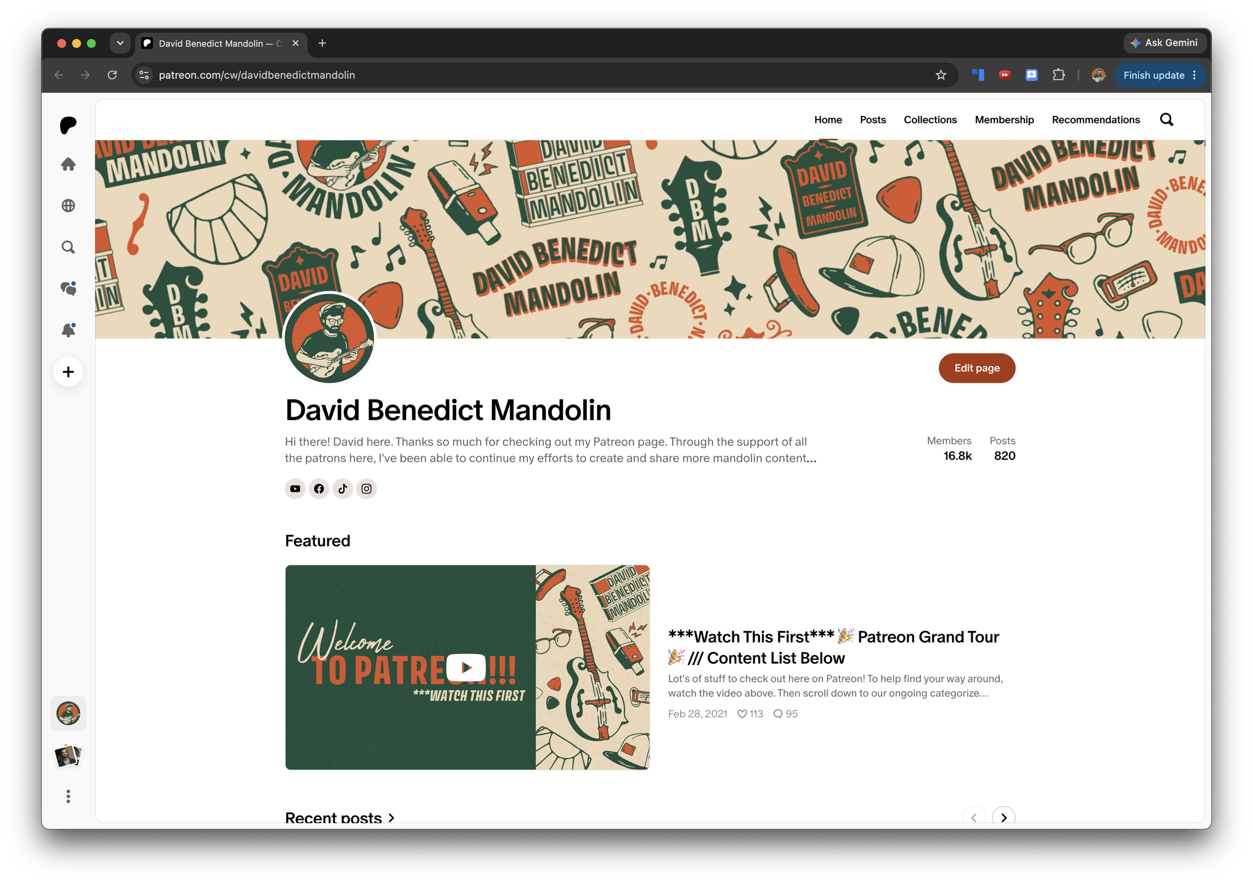 Screenshot of a Patreon webpage featuring artwork and text promoting David Benedict Mandolin, with a background pattern of musical instruments, guitar, mandolin, harmonica, and related items in a beige and orange color scheme.
