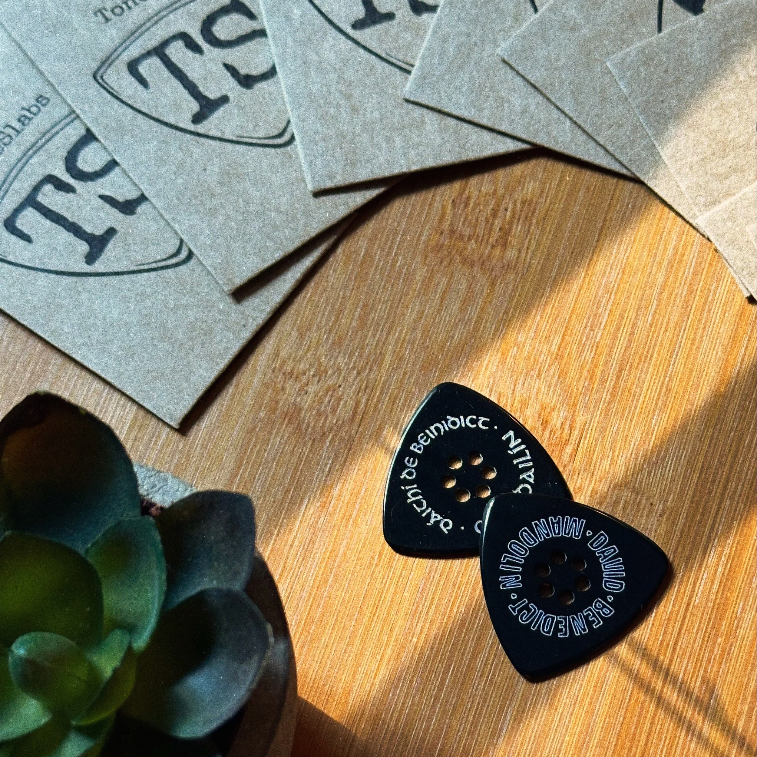 Close-up photo of David Benedict's Signature Toneslabs mandolin picks, all placed on a wooden surface.