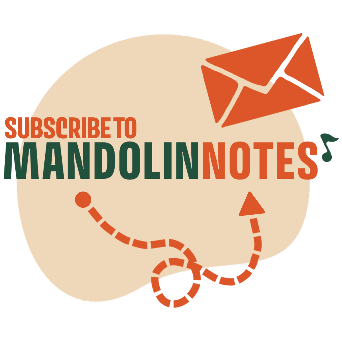 Graphic promoting subscribing to MANDOLIN NOTES with colorful design including a paper plane and dashed arrows.