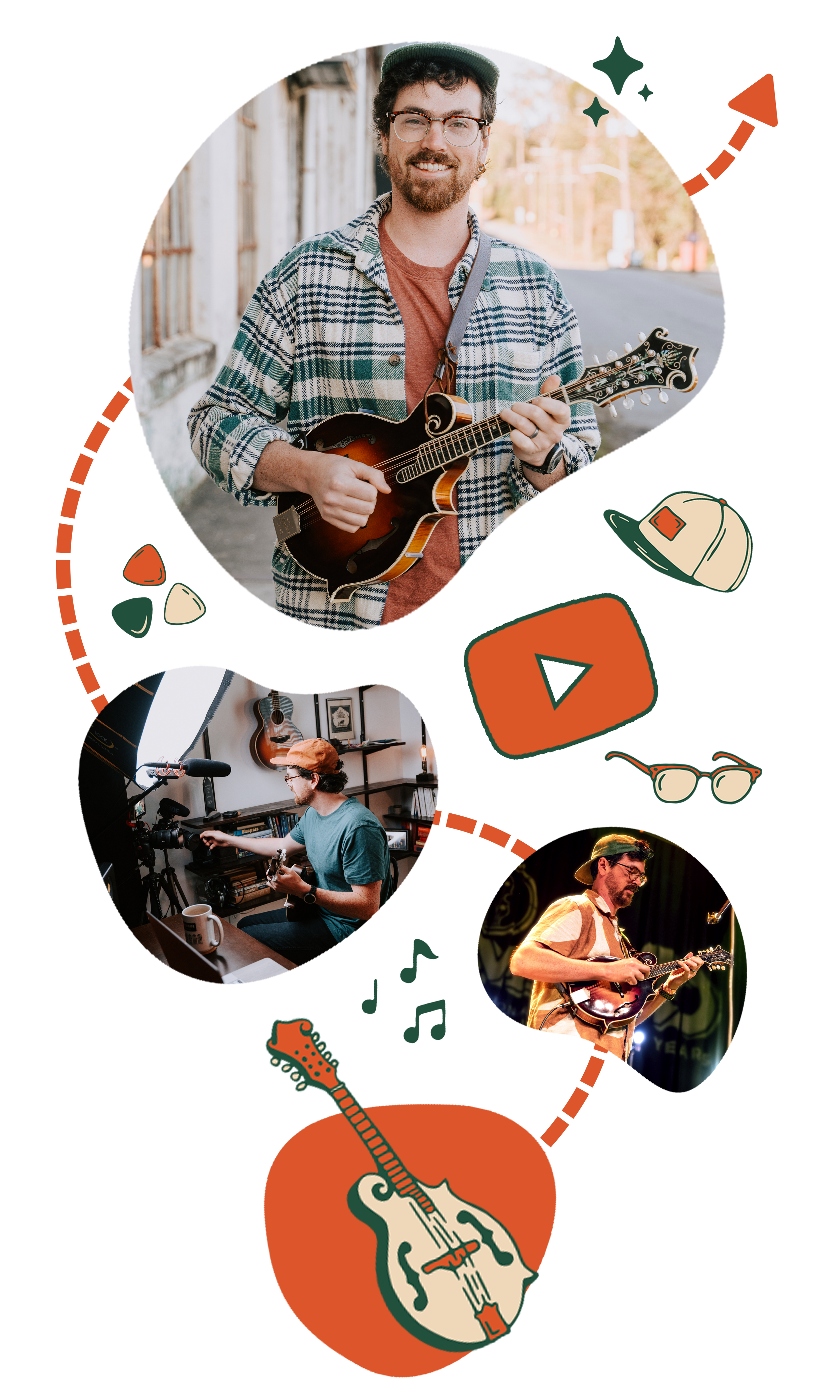 Collage of musicians performing and recording music, including a man with glasses and a beard playing a mandolin, a person adjusting a camera, and other musicians playing guitars, with illustrations of musical notes, a skateboard, sunglasses, a cap, and a guitar.