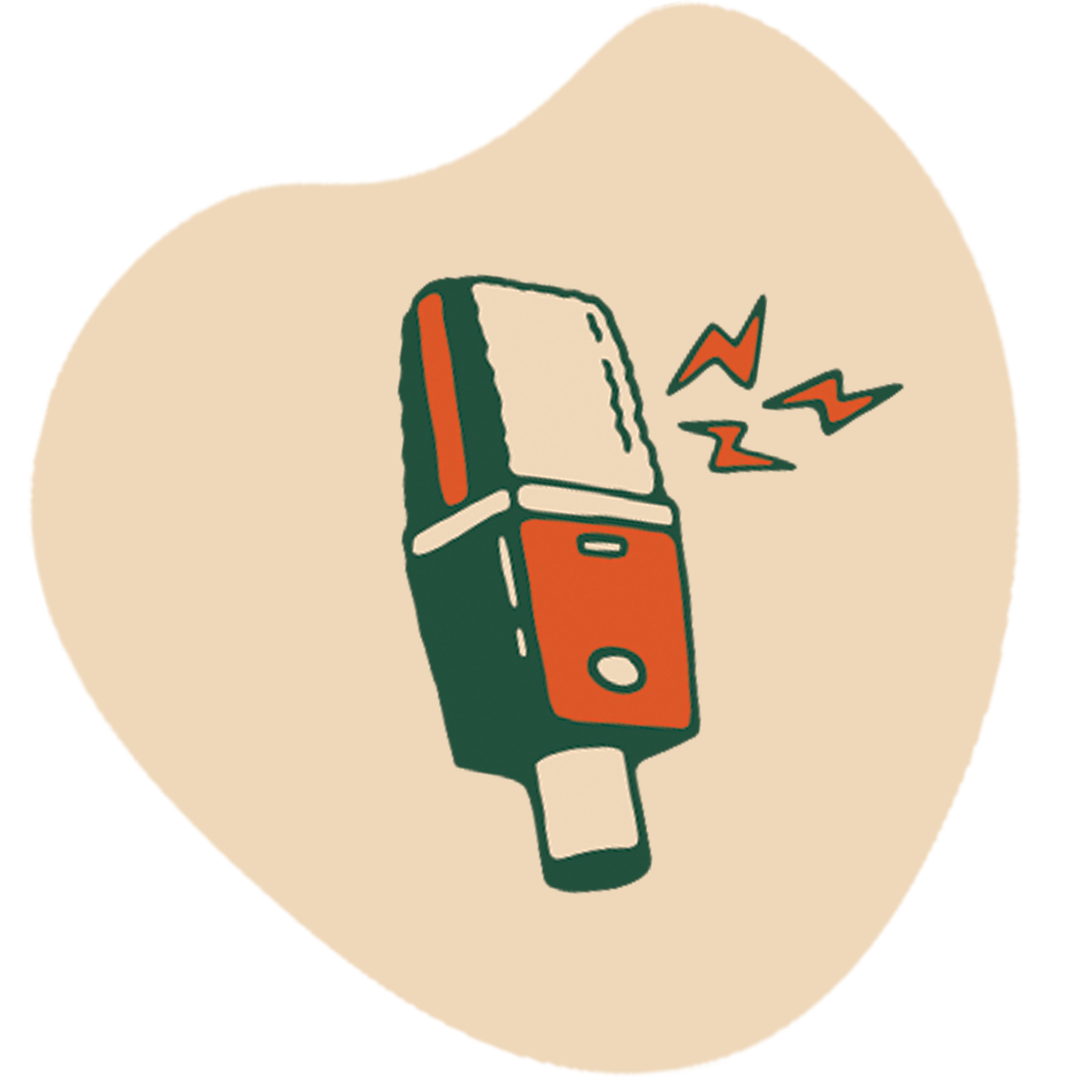 A hand-drawn illustration of a portable electronic device emitting red and orange zigzag lines indicating sound or alert, with a beige background.