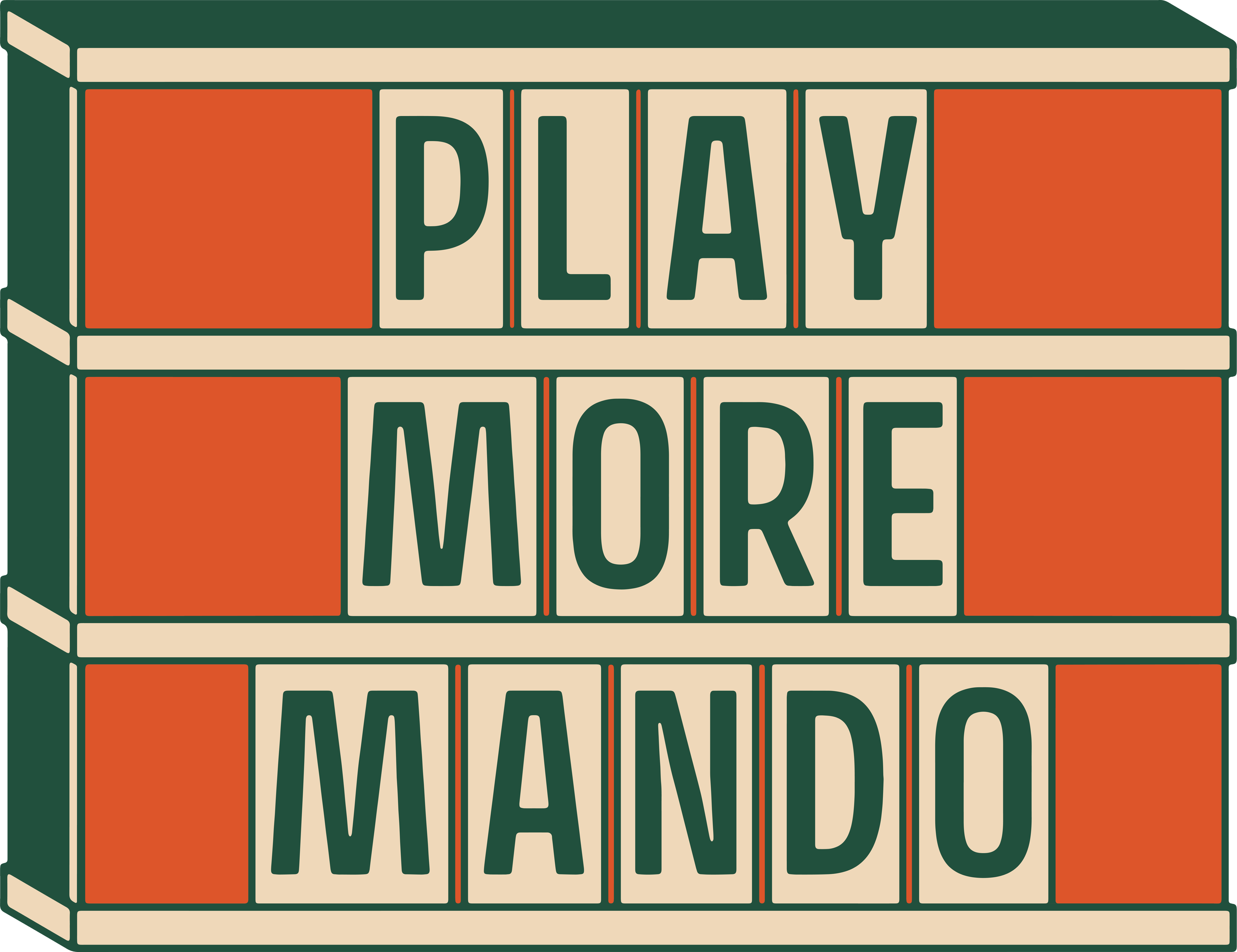 Colorful sign with the word 'PLAY' on the top row, 'MORE' in the middle row, and 'AWAY' on the bottom row, styled like a game board or vintage sign.