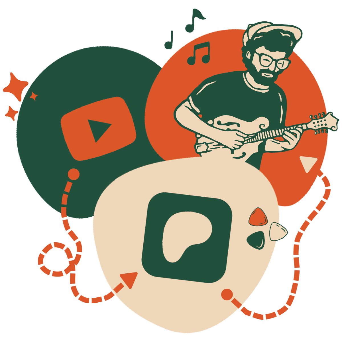 An illustrated scene with a man playing an electric guitar, surrounded by large icons resembling social media and video platforms, including a play button and a video icon, with a color palette of dark green, orange, and beige.