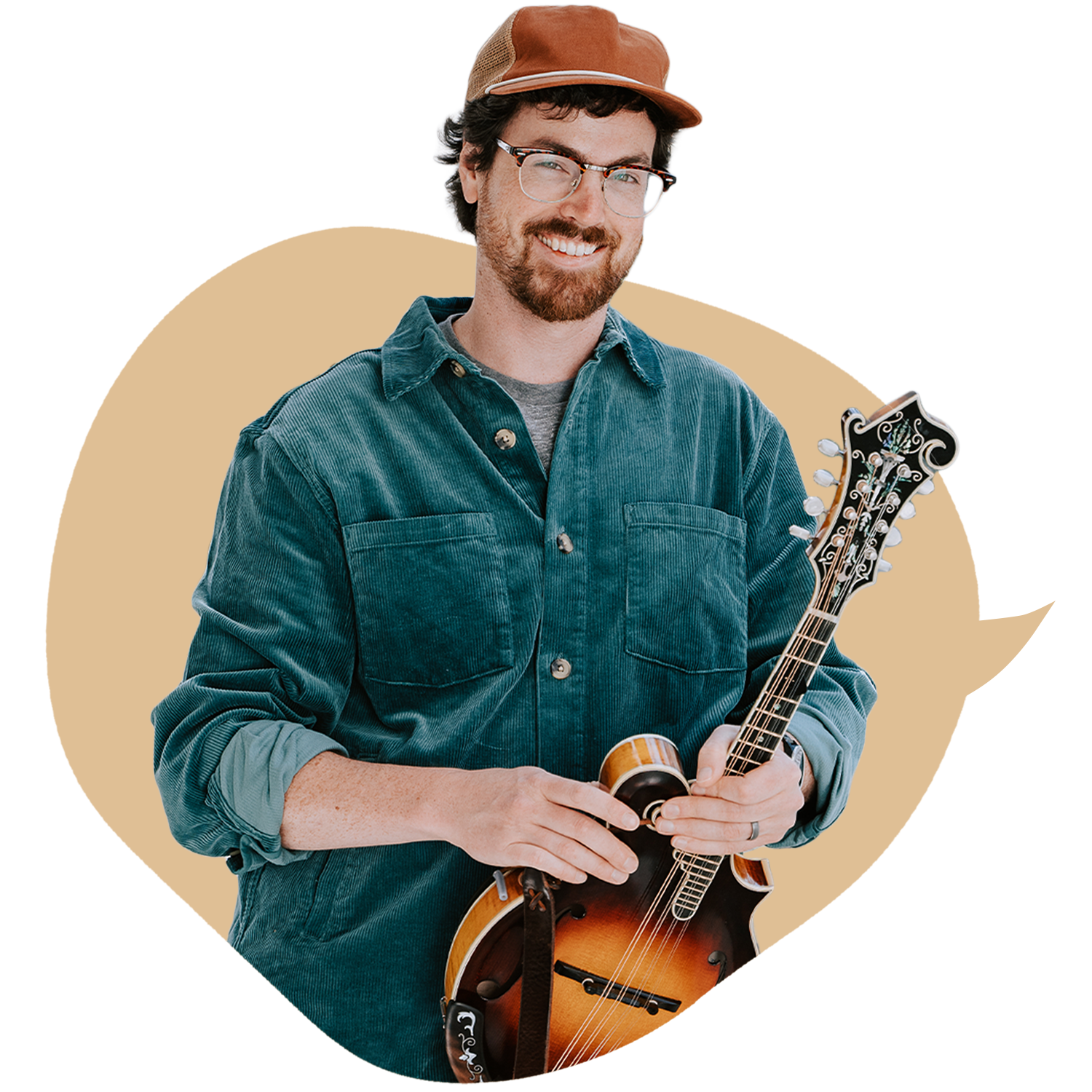 A smiling man with glasses, a beard, and a brown cap holding a mandolin standing against a colorful abstract background.