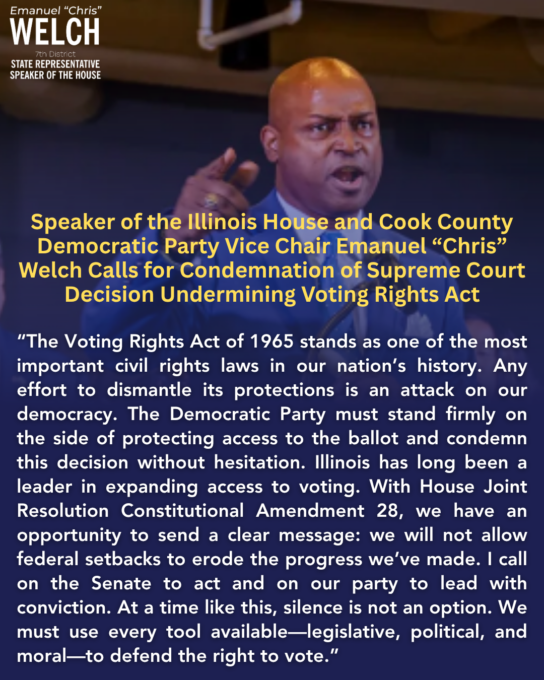 Speaker of the Illinois House and Cook County Democratic Party Vice Chair Calls for Condemnation of Supreme Court Decision Undermining Voting Rights Act