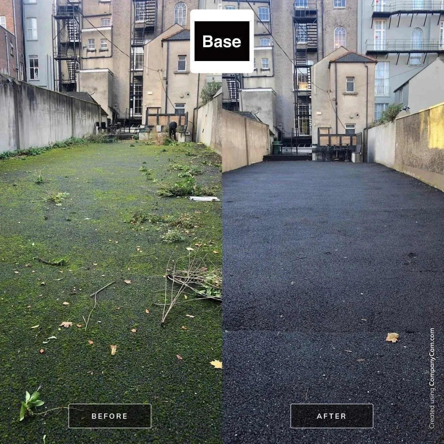 Before and after professional power washing of a heavily soiled commercial yard in Dublin.
